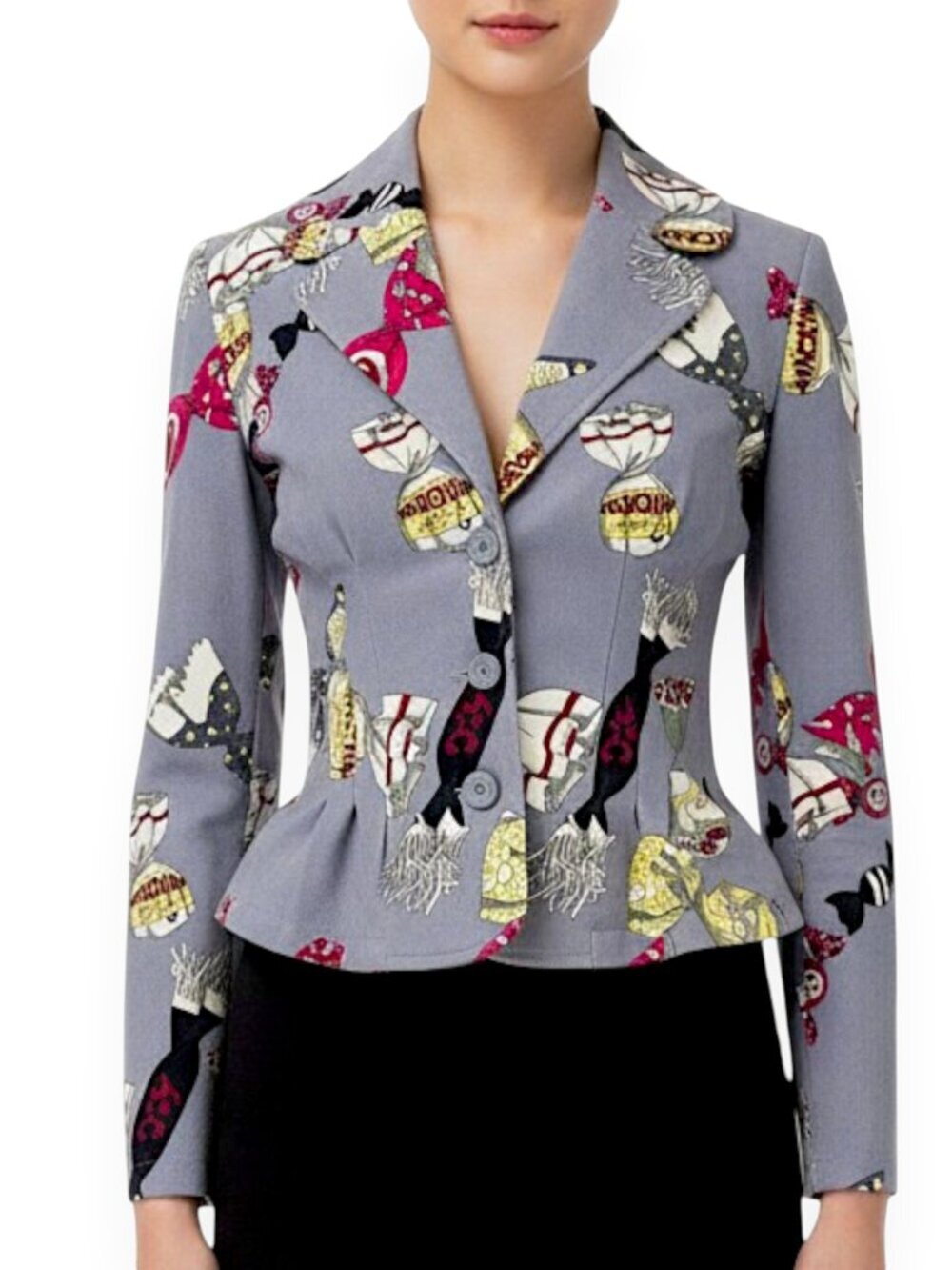 Moschino Jeans Vintage Gray Candy Wrapper Print Pattern Blazer Jacket Fitted 6